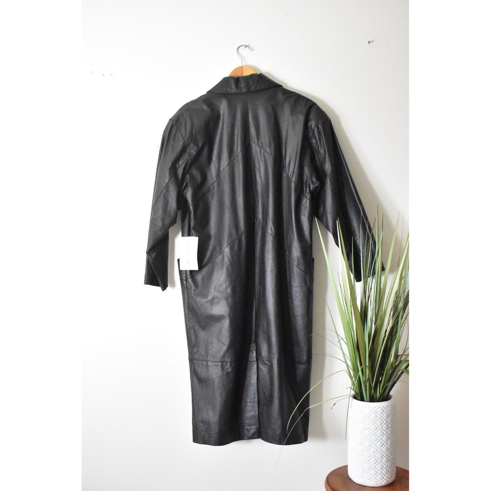 Comint Leather Trench Coat Womens Petite M Black 80s Shawl Collar Long Jacket - Picture 8 of 10